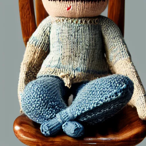 Image similar to realistic knitted doll ryan gosling sitting on a chair, lethal preservation, proportions, high quality, realism, foreground focus,