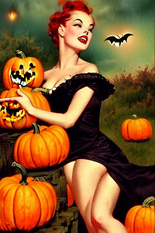 Prompt: a beautiful vampire picking out pumpkins by gil elvgren, halloween postcard, vintage glamour, highly detailed oil painting, vintage postcard, 1 9 5 0 s art print