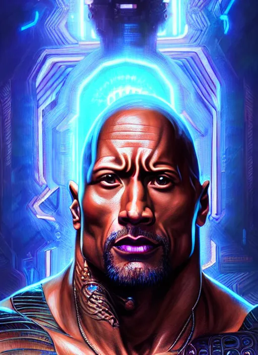 Image similar to portrait of dwayne johnson as cyberpunk shiva god of destruction, intricate, elegant, glowing lights, highly detailed, digital painting, artstation, glamor pose, concept art, smooth, sharp focus, illustration, art by artgerm and greg rutkowski, artey freytag