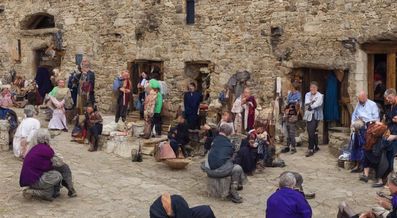 Image similar to people sharing jewels with each other in the middle of a medieval village