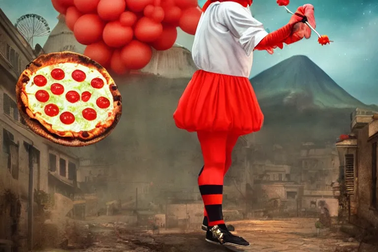 Image similar to pennywise as pulcinella! with a pizza! margherita in front of vesuvius! spewing lava, by esao andrews, by james jean, post - apocalyptic, hyperrealistic, big depth of field, night scenery, glowing lava, 3 d octane render, 4 k, conceptart, masterpiece, hyperrealistic, trending on artstation