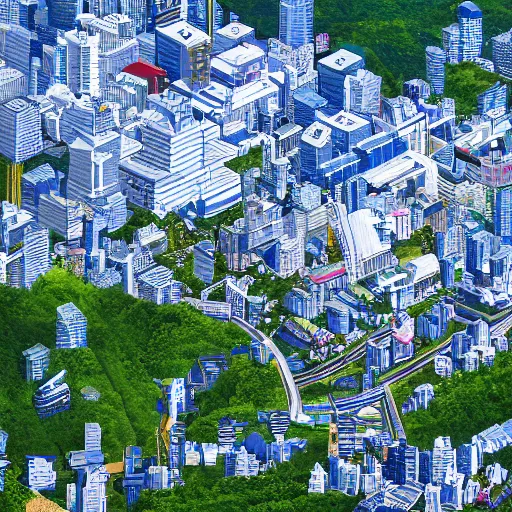 Prompt: isometric city on the top of a mountain, Japan