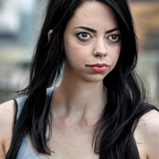 Prompt: a girl with long black hair, her face is a mix between aubrey plaza, krysten ritter and sarah hyland