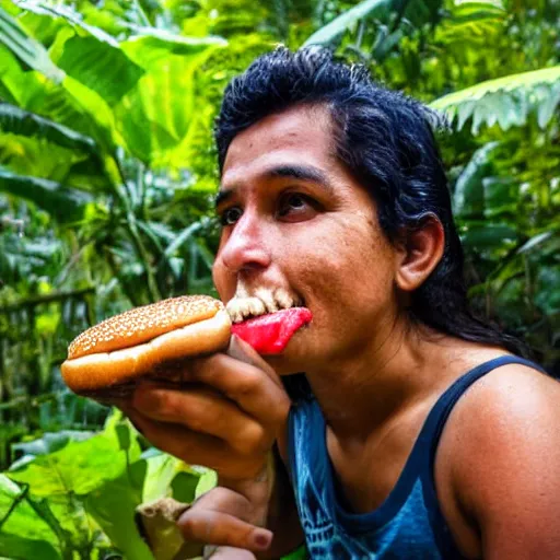 Image similar to a high detail photograph of a proud guatemalan citizen eating a hamburger in the middle of the jungle, award winning photograph