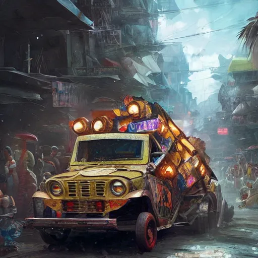 Prompt: an expressive painting of a filipino jeepney driving in the crowded dirty streets of the Philippines , hearthstone coloring style, artwork by greg rutkowski, epic fantasy style art, highly detailed, 8k resolution, hyperrealistic, Maya render