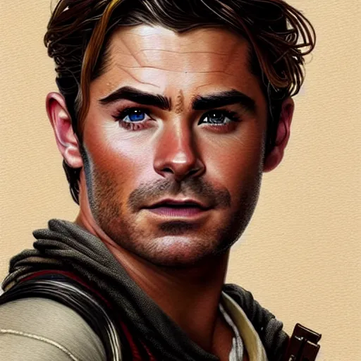 Image similar to A combination of Zac Efron's and Orlando Bloom's and Chris Pine's faces as Nathan Drake, western, D&D, fantasy, intricate, elegant, highly detailed, digital painting, artstation, concept art, matte, sharp focus, illustration, art by Artgerm and Greg Rutkowski and Alphonse Mucha