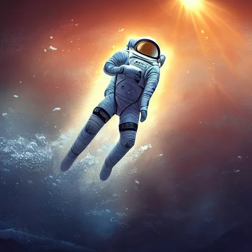 Image similar to an astronaut floating in the middle of deep underwater being hit by sun rays, trending on art station, atmosphere, concept art, photorealistic, high detailed