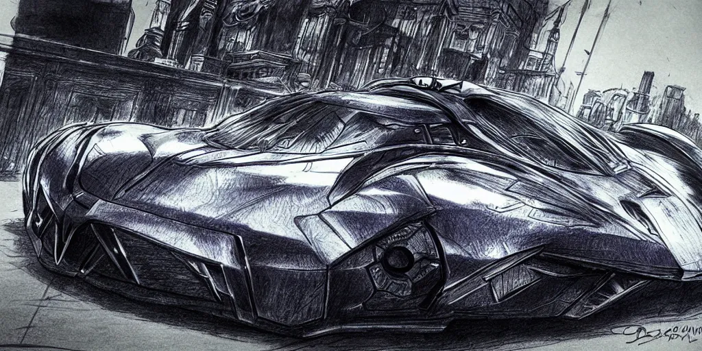 Image similar to ballpoint pen drawing of the batmobile, batman, arkham knight