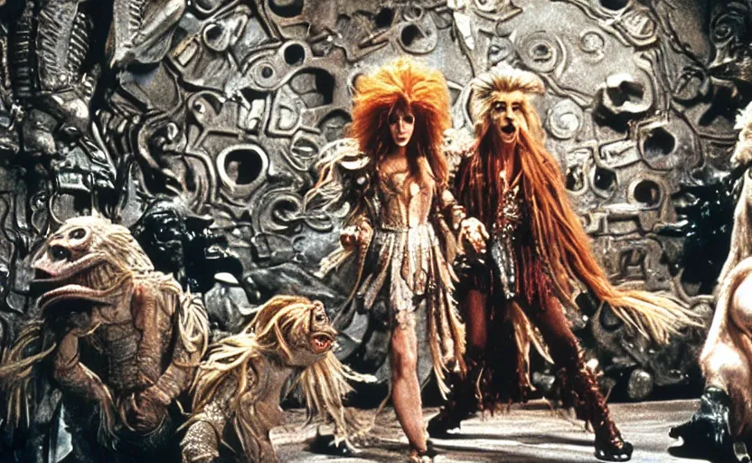 Image similar to movie still from the 1 9 8 8 sequel to labyrinth by jim henson's creature shop starring realistic practical - effects wondrous creatures and humanoids in a maze - like steampunk fortress on an alien planet. fantasy adventure.