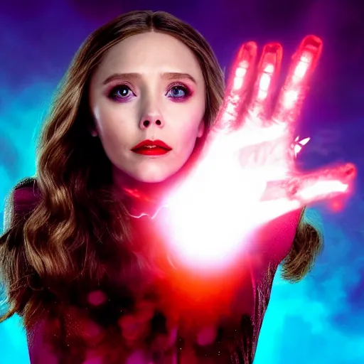 Image similar to elizabeth olsen as the scarlet witch, floating in the air as she emanates magic from her palms, full - body portrait, 3 5 mm!!!!! photography, disdain facial expression, messy!!!!! hair, trending on artstation, photorealistic!!!!!, 4 k, 8 k