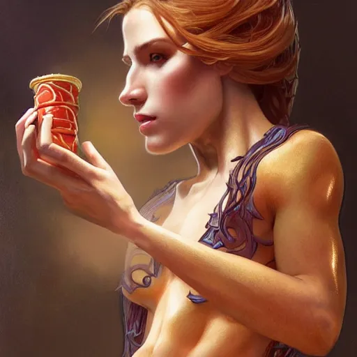 Image similar to portrait of a horse with hot dogs for legs, handsome, D&D, fantasy, intricate, elegant, highly detailed, digital painting, artstation, concept art, matte, sharp focus, illustration, art by Artgerm and Greg Rutkowski and Alphonse Mucha