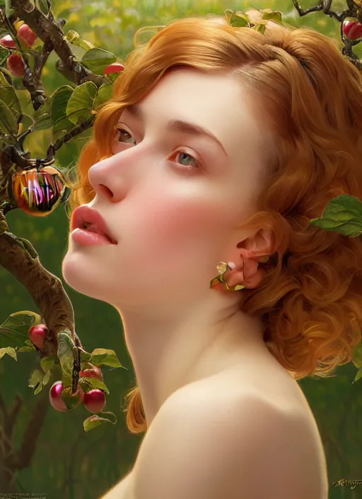 Prompt: symmetry!! portrait of young woman cursed with ever - increasing intelligence beauty and virtue, slice - of - life in apple orchard, realism, golden ratio facial proportions!! intricate, elegant, highly detailed, digital painting, artstation, concept art, smooth, sharp focus, illustration, art by artgerm and greg rutkowski and alphonse mucha