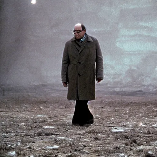 Image similar to george costanza in a barren wasteland, shot by andrei tarkovsky in his film stalker