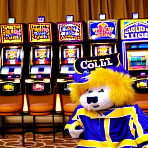 Prompt: college university mascot that is themed around a slot machine