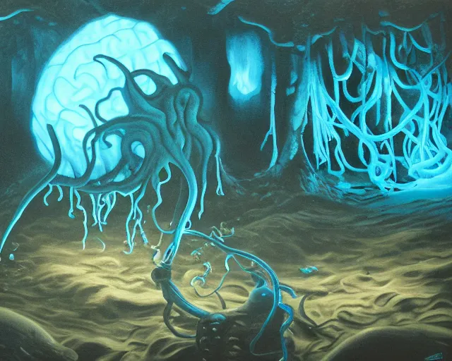 Prompt: large brain in a shallow water, lots of tentacles, eldritch!! dnd!! dark cave room, blue bioluminescence, oil painting by greg rukowtski, detailed, blue lighting, dark, glowing water, eerie, trending on artstation