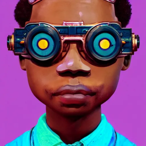 Image similar to colourful claymation upper half - portrait - art of a nigerian boy wearing steam punk goggles, art by utagawa kunisada & james jean, symmetrical, intricate detail, concept art, volumetric light, global illumination, ray tracing, claymation, sharp, pinterest, behance, art station,