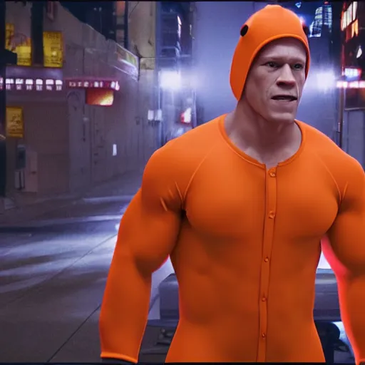 Image similar to john cena playing as charmander human hybrid in a onesie movie still, cinematic, photorealistic, extreme detail, sharp focus, 8 k, intricate, hyper detailed, realistic, cinematic lighting