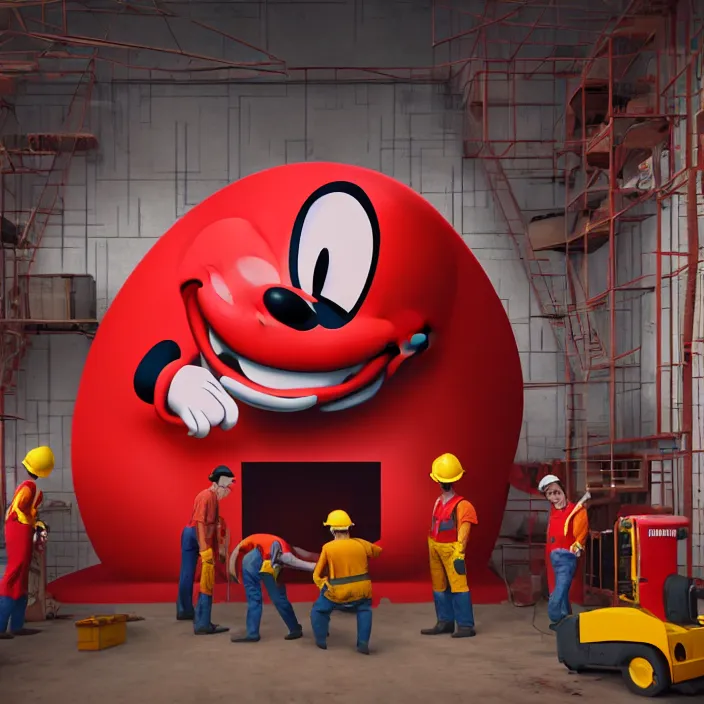 Image similar to crew of workers in red overalls building giant mickey mouse head in small workshop, octane render, 4 k ultra hd, hyper - detailed, realistic, low lighting, sharp focus, in style of beeple