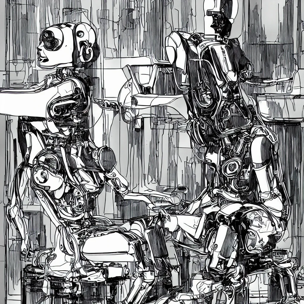 Image similar to a human like mechanical detailed robot sit on a chair while looks to a canary black and white comic book style