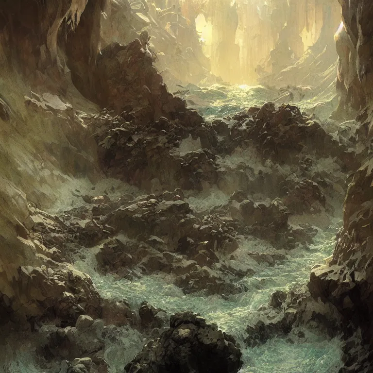 Prompt: a beautiful painting of the view from the whitewater river of icy caverns measureless to man down to a sunless sea, intricate, elegant, highly detailed, digital painting, artstation, concept art, by krenz cushart and artem demura and alphonse mucha