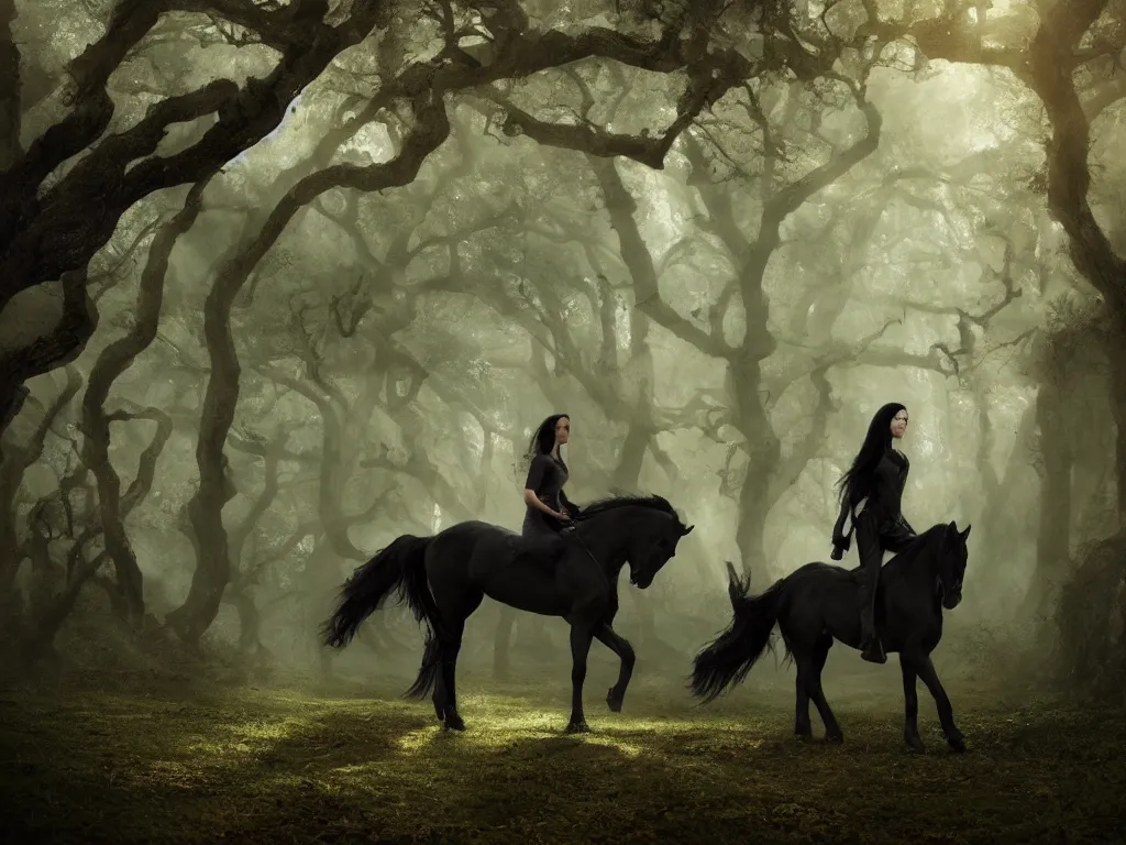 Image similar to a woman riding a black horse through a oak and beech forrest, similar to arwen on asfaloth rays of light, cinematic, fantasy art, moody morning light, trending on artstation, by peter jackson