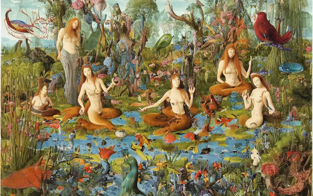 Prompt: a portrait photograph of a meditating mermaid shaman and a flayed monk feeding parrots at a wide river delta. surrounded by bulbous flowers, animals and trees. mountain range under a vast blue sky of burning stars. painted by jan van eyck, max ernst, ernst haeckel, ernst fuchs and artgerm, trending on cgsociety