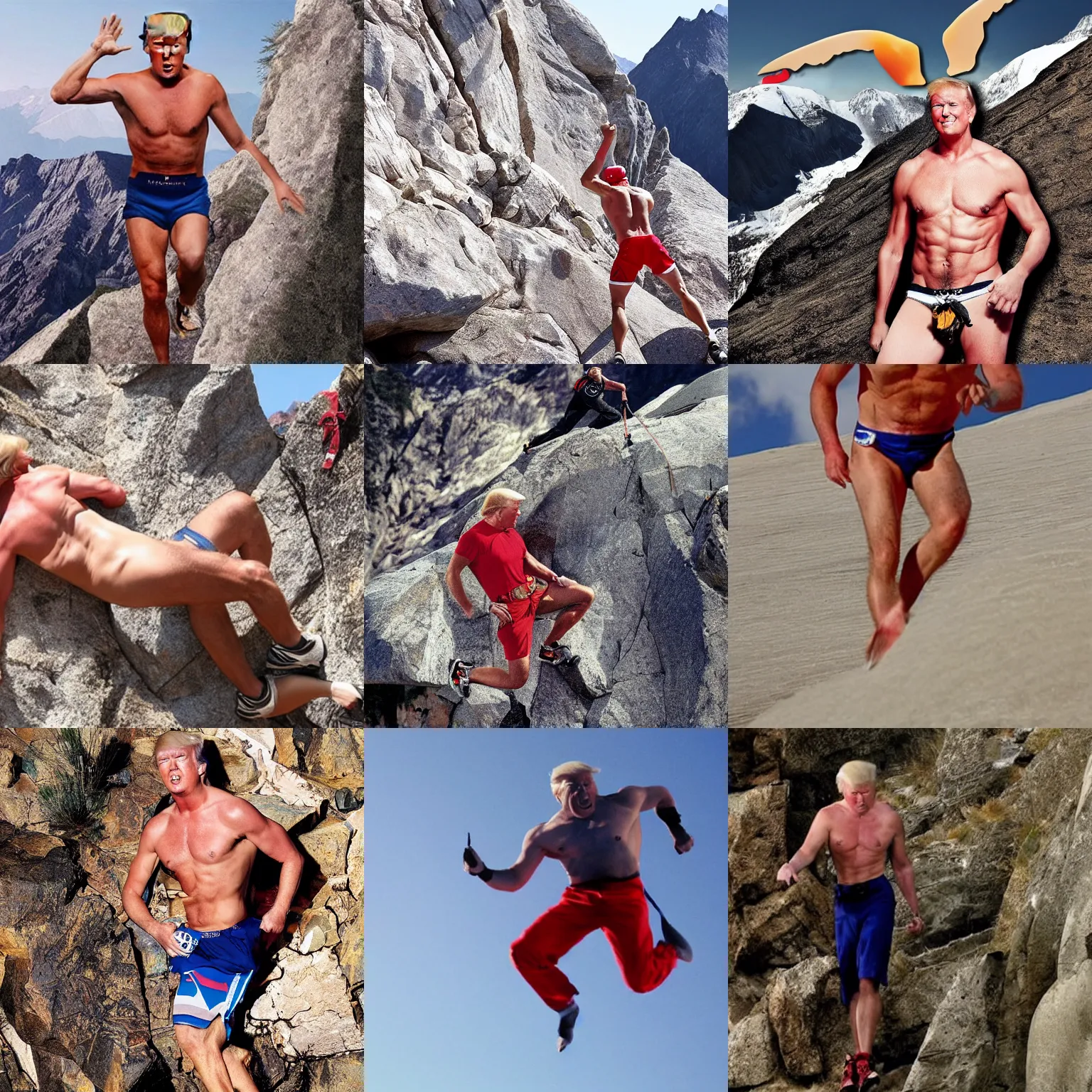 Prompt: shirtless donald trump mountainclimbing, extreme sport, red bull