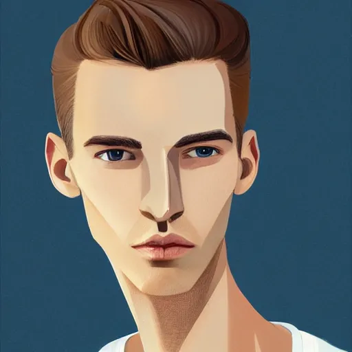 Image similar to tall man in his twenties with brown blond short quiff hair and thin slightly round facial structure with cleft chin, straight eyebrows and prominent nose and shadow of beard, good definition of cheekbones, big hazel nut brown eyes, narrow face, slim body, atmospheric lighting, painted, intricate, 4 k, highly detailed by charlie bowater