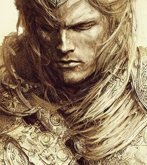 Prompt: portrait of long hair blond man in armor, pen and ink, intricate line drawings, by craig mullins, ruan jia, kentaro miura, greg rutkowski, loundraw