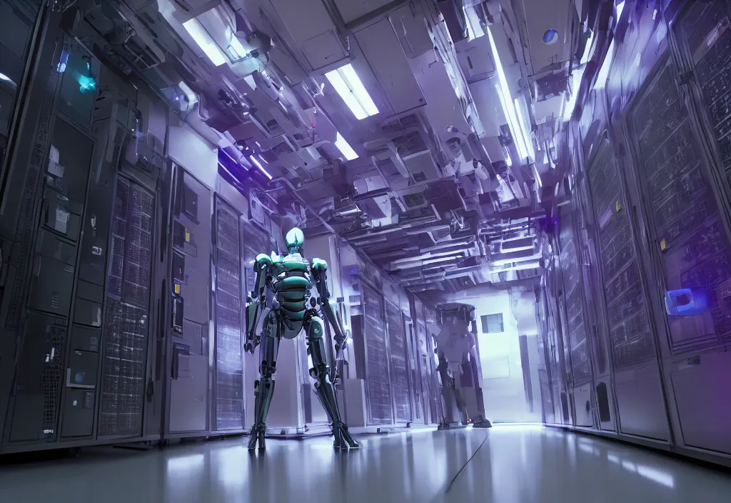 Prompt: shot of film, human like a mech, full body, in detailed server room, in data center, character design, symmetrical, vivid color, complementary color, detailed, sharp lines, trending on artstation, volumetric lighting, dramatic lighting by yoichi hatakenaka, violet, by masamune shirow, by josan gonzales, octane render 8 k