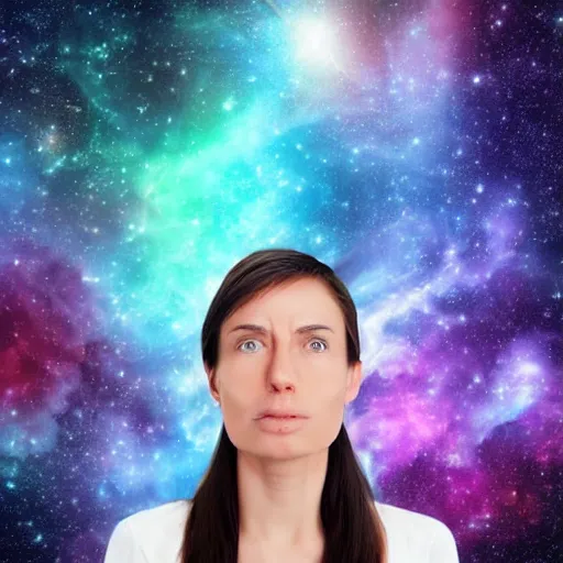 Prompt: stressful pic's face only with nebula space background, higher realistic, melting