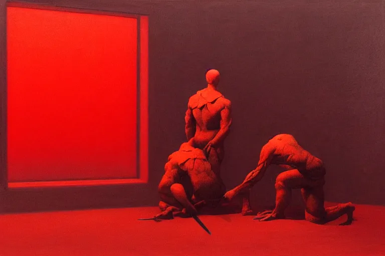 Image similar to only with red, a red samurai do seppuku, tokio, a lot of frogs watch, in the style of beksinski, parts by edward hopper, parts by rodcenko, parts by yue minjun, intricate and epic composition, red by caravaggio, insanely quality, highly detailed, masterpiece, red light, artstation, 4 k