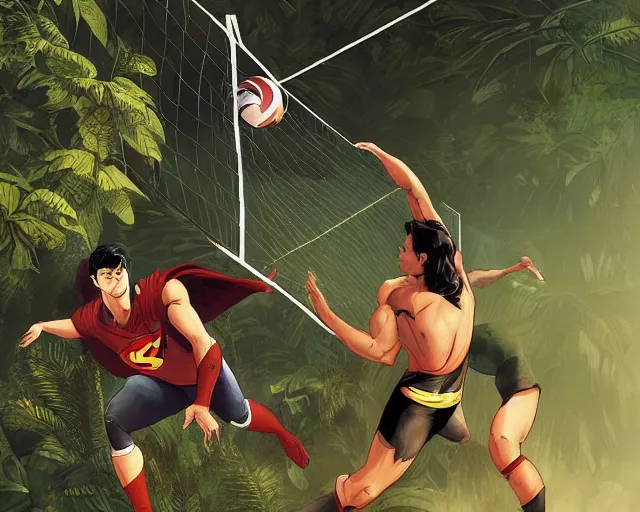 Prompt: batman and superman are playing volleyball in a jungle, volleyball in the air, volleyball net, digital illustration, inspired by greg rutkowski and artgerm, high detail