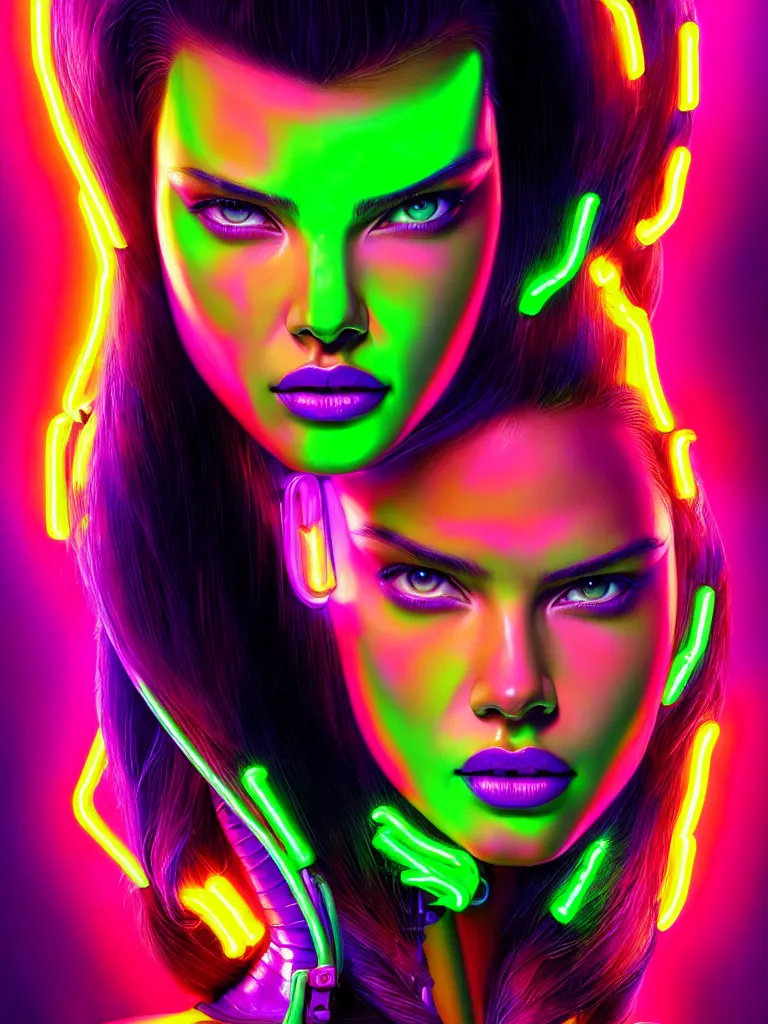 Prompt: Portrait face fronting of Adriana Lima wearing epic bionic cyborg implants of diferent neon colors, neon leds and ultraviolet neon cables implants by Dan Mumford and Naoto Hattori and Aldo Katayanagi, extremely beautiful and proportionate face, in the aesthetic of mert and marcus, masterpiece, intricate, elegant futuristic wardrobe, highly detailed, digital painting, artstation, concept art, crepuscular rays, smooth, sharp focus, illustration, background is made of stars and vibrant space nebula, neon cyberpunk vibrant colors, volumetric lighting, art by artgerm and james jean and Nick Sullo