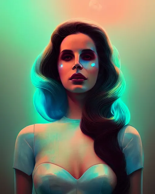 Image similar to portrait of lana del rey as a cyborg. intricate abstract. intricate artwork. by tooth wu, wlop, beeple, dan mumford. octane render, trending on artstation, greg rutkowski very coherent symmetrical artwork. cinematic, hyper realism, high detail, octane render, 8 k, iridescent accents