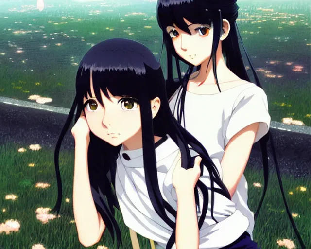 Image similar to beautiful anime girl with long black hair and bangs, beautiful anime guy with black hair, wearing black clothes, siblings, fine details portrait, japense village in background, bokeh. anime masterpiece by Studio Ghibli. illustration, sharp high-quality anime illustration in style of Ghibli, Ilya Kuvshinov, Artgerm