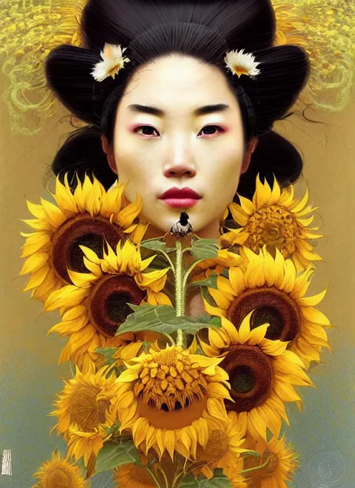 Prompt: portrait of sunflower geisha. beautiful symmetrical face. fantasy, regal, by kim keever, victo ngai, stanley artgerm lau, greg rutkowski, thomas kindkade, alphonse mucha, loish, norman rockwell