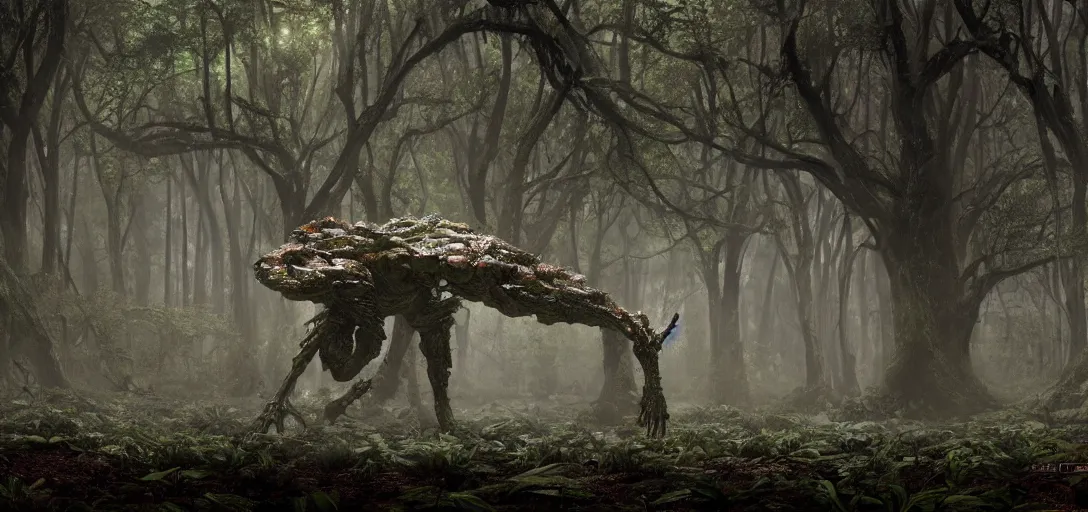 Prompt: a complex organic fractal 3 d metallic symbiotic ceramic humanoid megastructure creature in a swampy lush forest, foggy, cinematic shot, photo still from movie by denis villeneuve, wayne barlowe