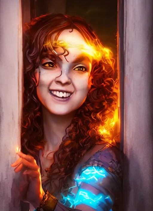 Image similar to an epic fantasy comic book style portrait painting of a girl wearing colorful makeup with a smile and curly brown hair stepping out of a doorway with light shining behind her, unreal 5, daz, hyperrealistic, octane render, cosplay, rpg portrait, dynamic lighting