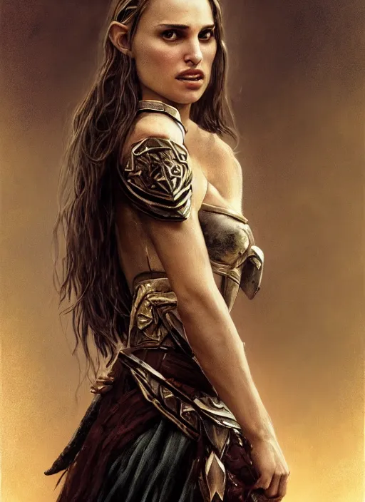 Image similar to young natalie portman, legendary warrior, fighter, lord of the rings, tattoos, decorative ornaments, battle armor, carl spitzweg, ismail inceoglu, vdragan bibin, hans thoma, greg rutkowski, alexandros pyromallis, cute, perfect face, detailed, sharply focused, centered, rule of thirds, photorealistic shading