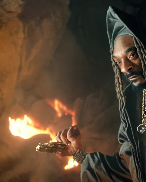 Image similar to Snoop Dogg in the role of Gandalf the Grey, balrog fighting scene in the cave, film still, amazing short, 8K, IMAX, ultra detailed