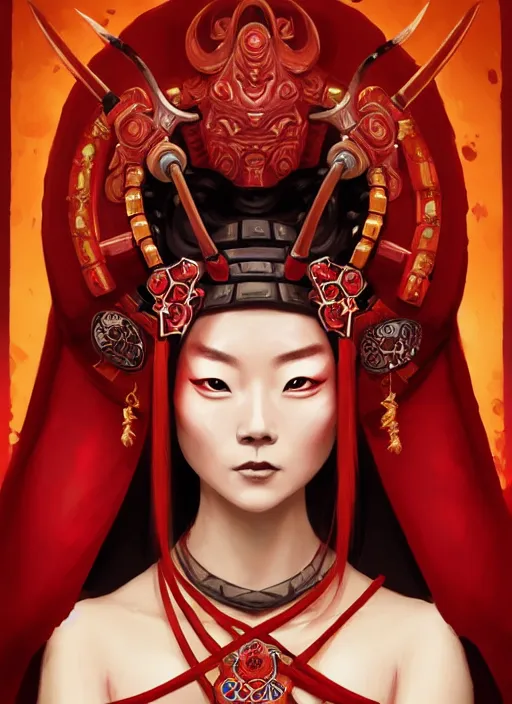 Image similar to portrait of a deadly samurai queen in blood red robes, hyperborea lemuria, legendary, pixar doll decollete deep focus, d & d, fantasy, intricate, elegant, highly detailed, digital painting, artstation, concept art, matte, sharp focus, illustration, hearthstone, art by rhads by artgerm and greg rutkowski and alphonse mucha