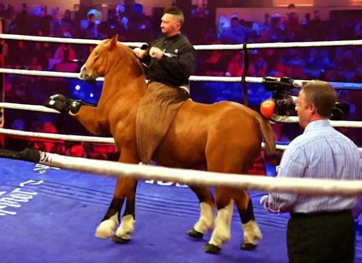 Prompt: frame from a sports broadcast where an anthropomorphic horse is in a boxing match against a real horse.