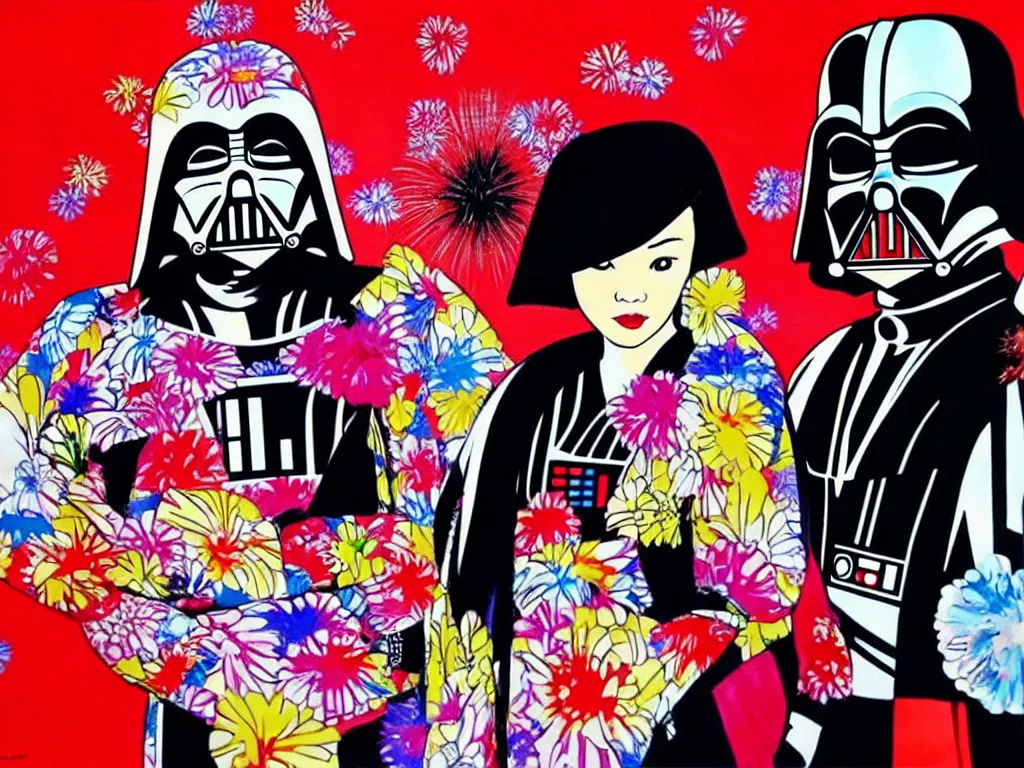 Image similar to hyperrealistic composition, in the middle the woman in a japanese kimono, behind her stands the darth vader, in front of her a table from the casino, in the background is ( ( mount fuji ) ) and fireworks, pop - art style, jacky tsai style, andy warhol style, acrylic on canvas