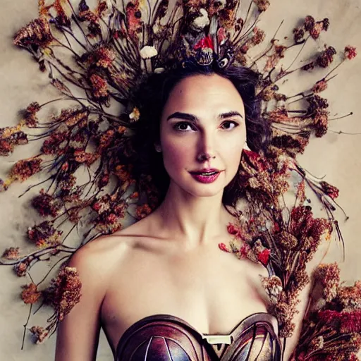 Prompt: full body fine art photo of the beauty gal gadot, she has a crown of dried flowers and is wearing a fashion conceptaul dress made of dried roses, taken by oleg oprisco