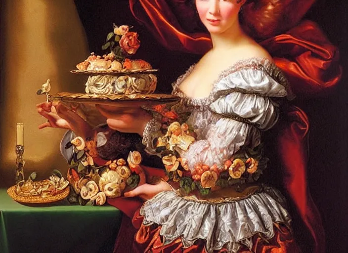 Prompt: baroque rococo painting 🦧 portrait by Greg Hildebrandt high detail elaborate fancy cake