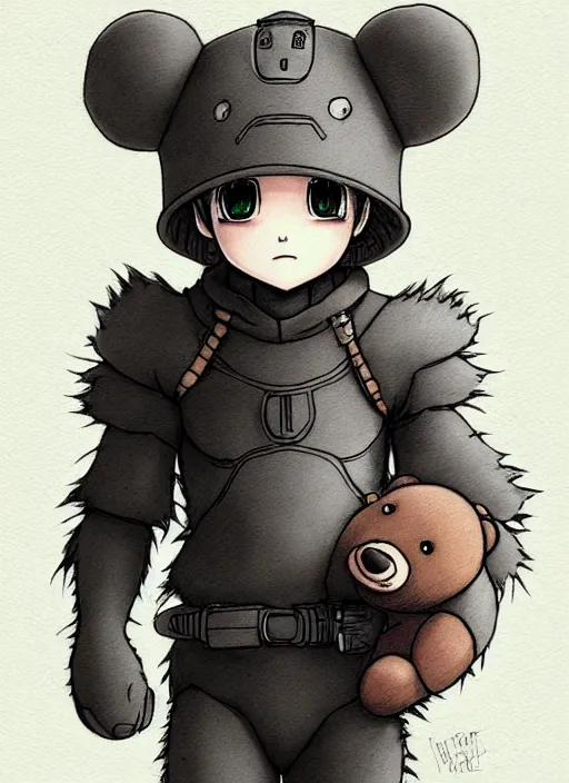 Image similar to beautiful little boy wearing an cyborg bear suit, artwork in kentaro miura and made in abyss and rosdraws, smooth, beautiful lightness, anatomically correct, trending on pixiv, forest