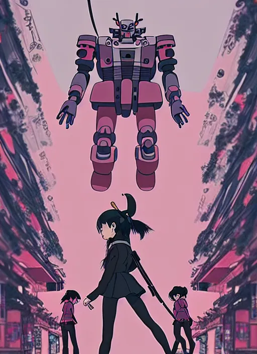 Image similar to Artwork by James Jean, Phil noto and hiyao Miyazaki; a young Japanese future samurai police girl named Yoshimi battles an enormous looming evil natured carnivorous pink gundam robot on the streets of Tokyo; Japanese shops and neon signage; crowds of people running; Art work by studio ghibli, Phil noto and James Jean