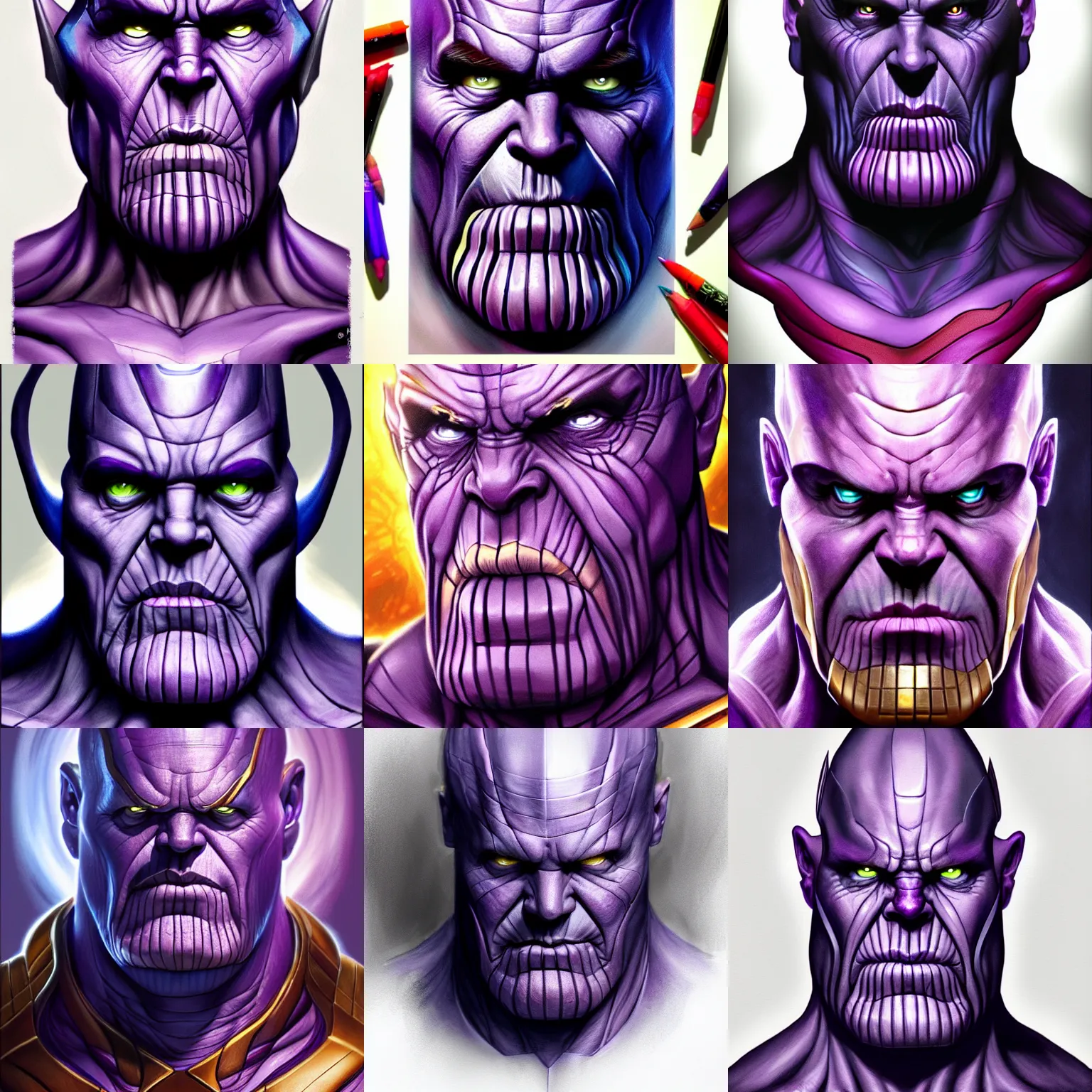 Prompt: Thanos, shocked face, D&D, fantasy, intricate, highly detailed, digital painting, trending on artstation, sharp focus, illustration, style of Stanley Artgerm