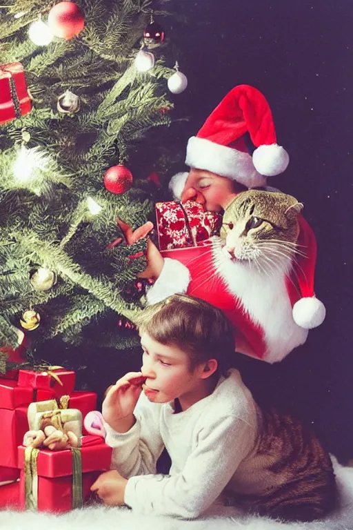 Prompt: retro photo of a child with a cat's face in cute clothes on the background of a christmas tree with new year's toys, ussr, sovet ; kodak ektar, 2 0 0 iso, 3 5 mm lens, bill henson style beautiful chiaroscuro lighting, beautiful colour palette, beautiful and realistic, wide shot